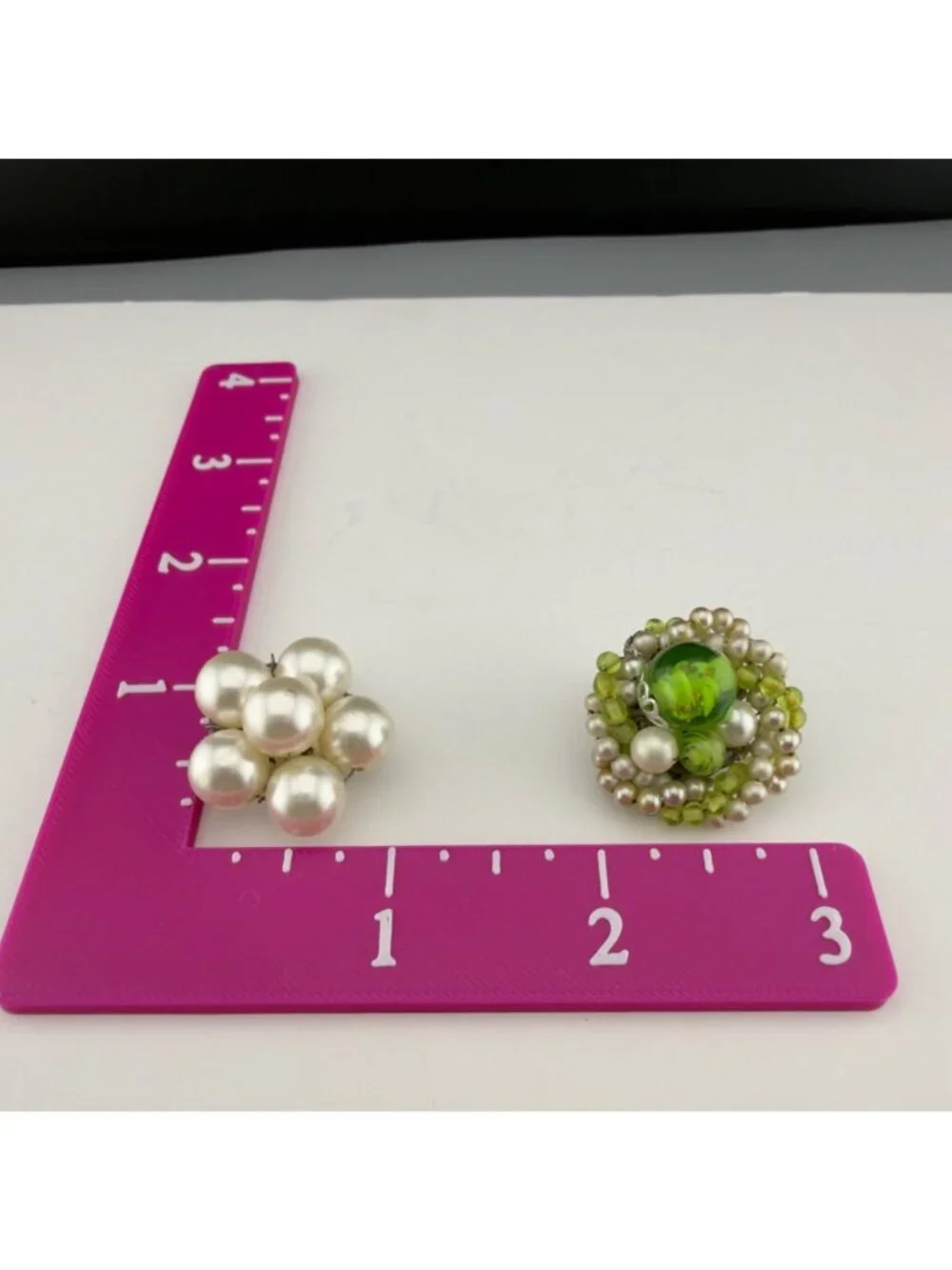 Vintage Clip-On Earrings Set Faux Pearls Green Art Glass Flower Cluster MCM